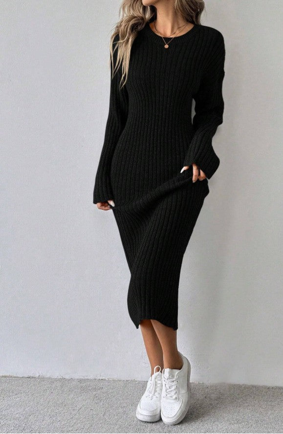 Einfarbig lang Arm Rundhals anliegendes lässiges Sweaterkleid