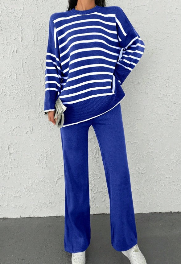 Pullover mit Streifen Muster, Drop Shoulder & Strick Hose