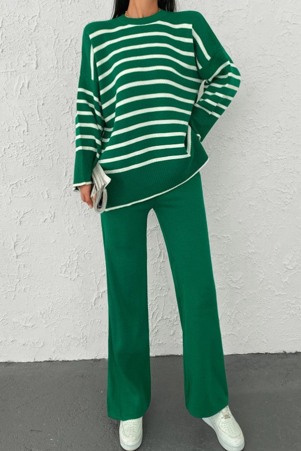 Pullover mit Streifen Muster, Drop Shoulder & Strick Hose