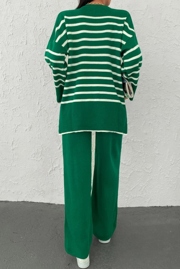 Pullover mit Streifen Muster, Drop Shoulder & Strick Hose