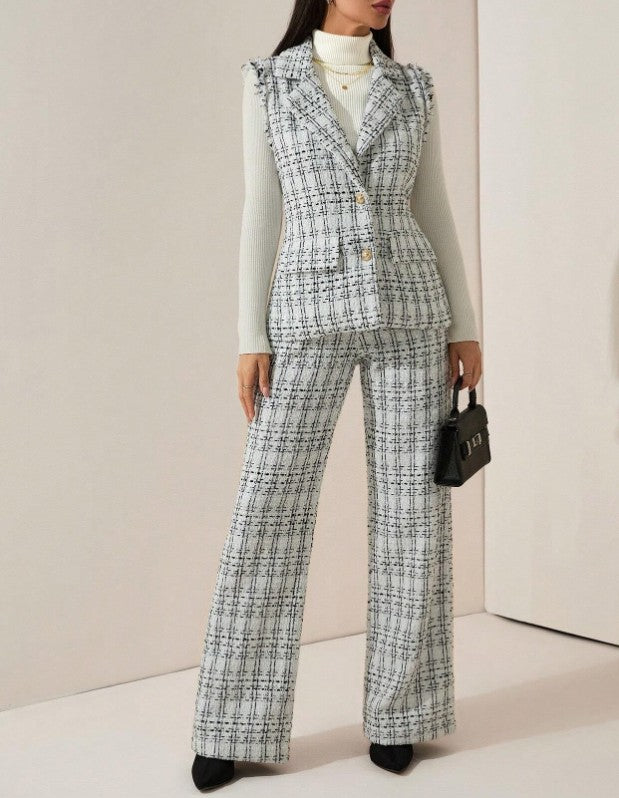 Elegantes kariertes Tweed-Weste & Hose 2 Stücke Set