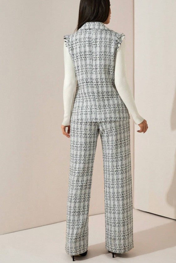 Elegantes kariertes Tweed-Weste & Hose 2 Stücke Set