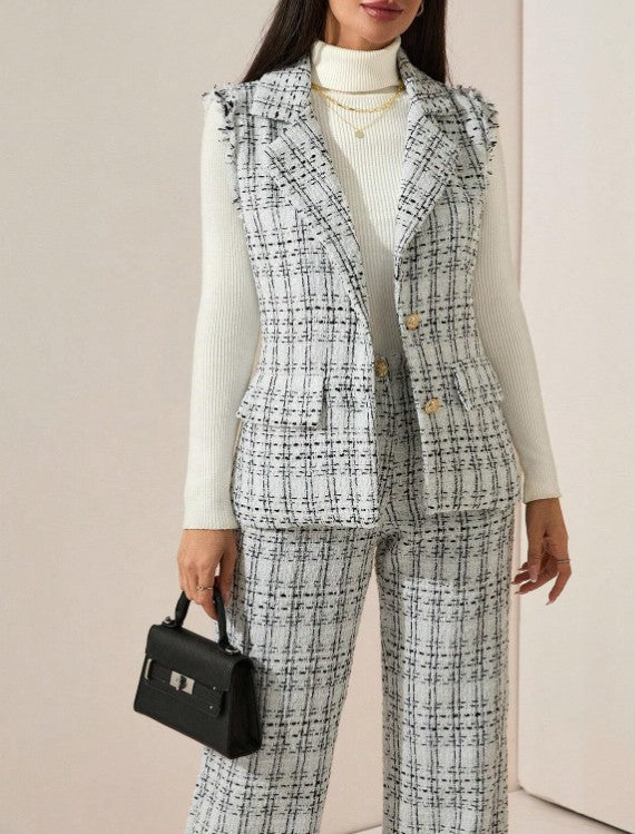 Elegantes kariertes Tweed-Weste & Hose 2 Stücke Set