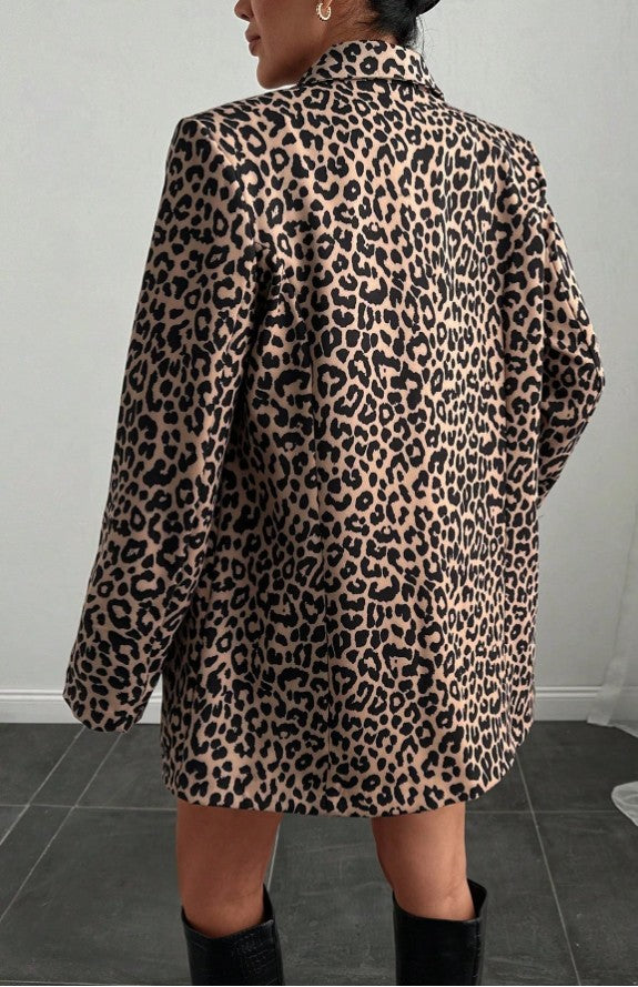 Damen Leoparden-Muster Jacke mit Kragen und langem Ärmel & A-Linien Rock, 2-teiliges Lässig set