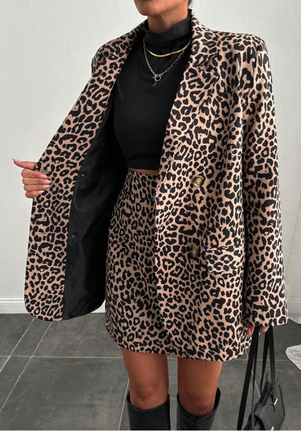 Damen Leoparden-Muster Jacke mit Kragen und langem Ärmel & A-Linien Rock, 2-teiliges Lässig set