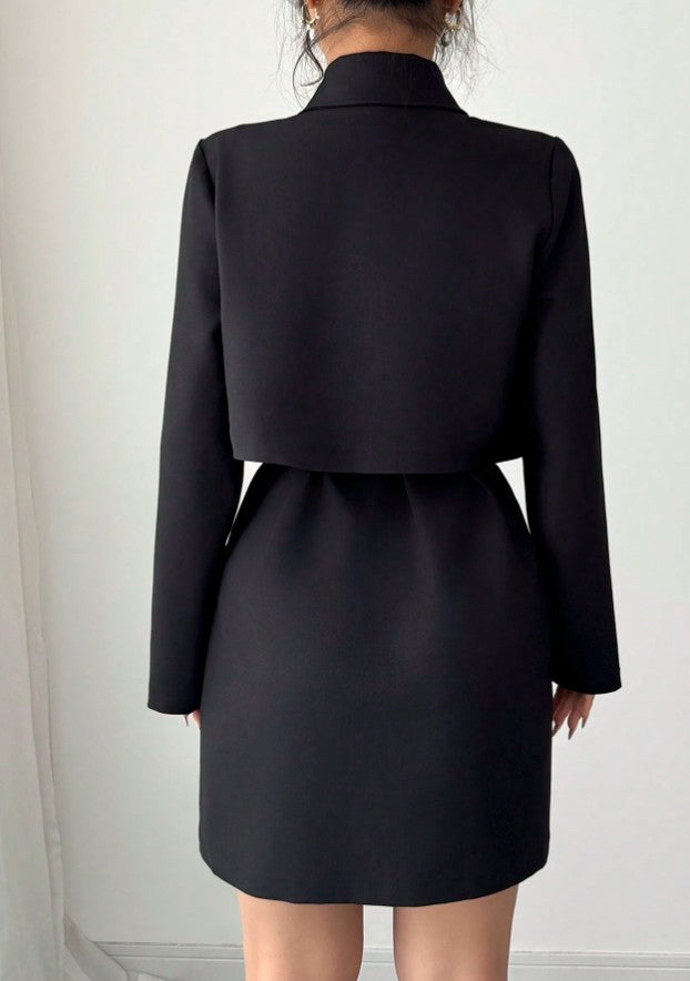 Elenzga 2 Stücke/Set Damen Offene Front Langarm Kurze Jacke und Ärmellos Einreihiges Hemdkleid