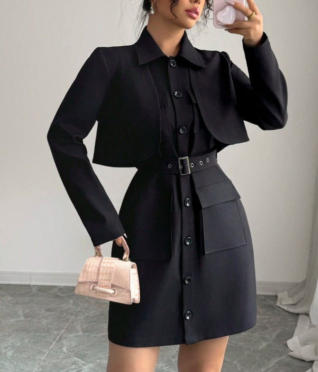 Elenzga 2 Stücke/Set Damen Offene Front Langarm Kurze Jacke und Ärmellos Einreihiges Hemdkleid