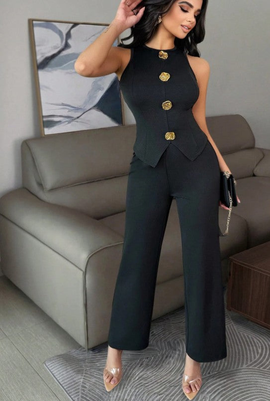 Elegantes Business Lässig Damen Outfit, Metall Knopf Dekor Damen ärmellose hochdehnbare figurbetonte sexy