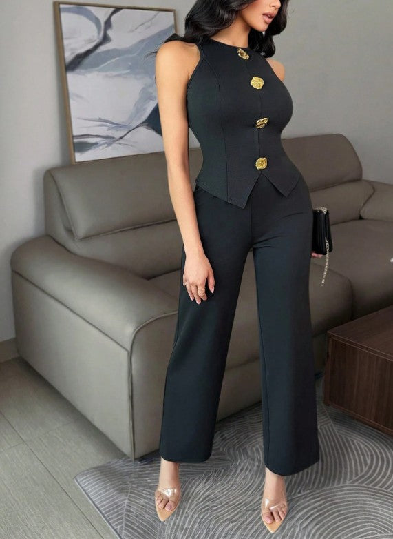 Elegantes Business Lässig Damen Outfit, Metall Knopf Dekor Damen ärmellose hochdehnbare figurbetonte sexy