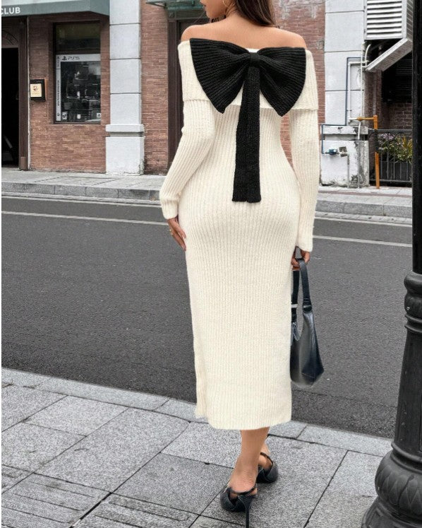 sexy Off-Shoulder Kleid mit Schleife am Rücken, figurbetont aus Strick für Damen