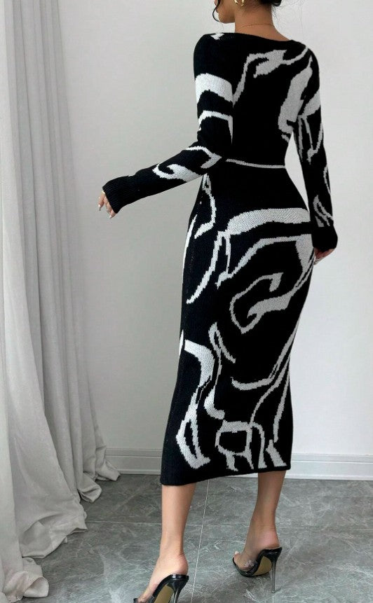 Damen Patchwork figurbetonte Taille Langarm elegantes gestricktes Sweatkleid
