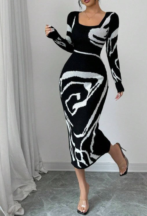 Damen Patchwork figurbetonte Taille Langarm elegantes gestricktes Sweatkleid