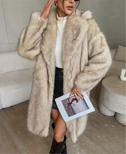 Eleganter Damen-Langarm-Furzmantel - Einfarbig Beige, Knopfleiste, Flauschig gefüttert