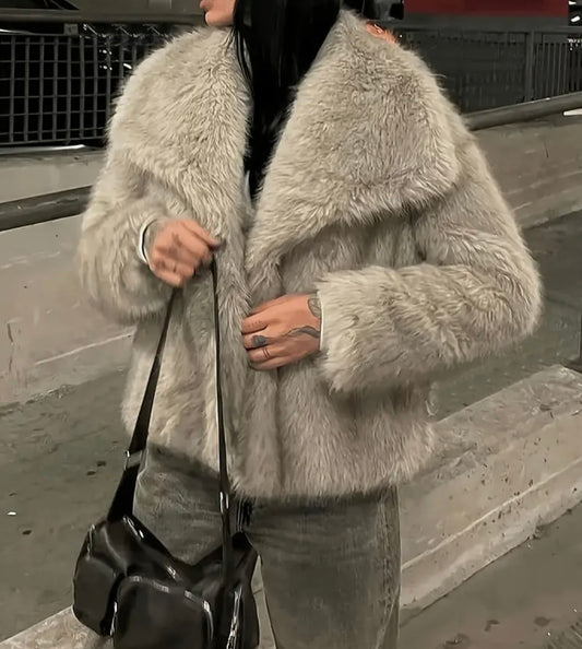 Elegante Langarm Plüsch-Felljacke - Unifarben Beige
