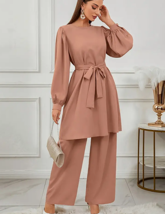 Damen Einfarbiger Rundhals-Laternenärmel-Top und Hosen im Arabischen Stil Set, Nur Kleidung, Ohne Kopfbedeckung