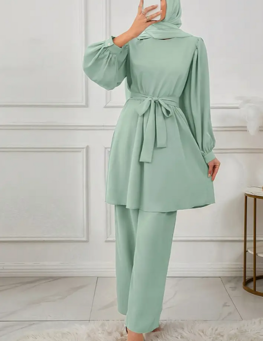 Damen Einfarbiger Rundhals-Laternenärmel-Top und Hosen im Arabischen Stil Set, Nur Kleidung, Ohne Kopfbedeckung