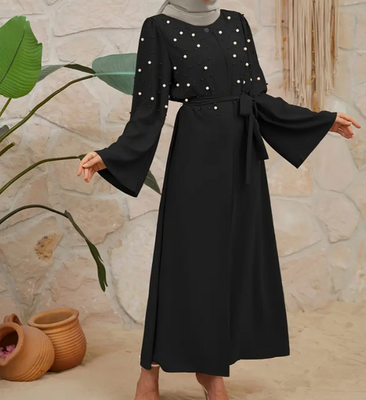 Elegantes Raglan-Arm-Maxi-Kleid mit Perlen für Damen - Schwarz mit weißen Perlen, eingezogener Bund, fließender Stil für alle Jahreszeiten, perlenbesetzte Eleganz | Fließende Tunic | Perlenbesetzte Details