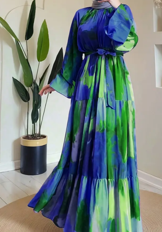 Frauen-Vibrant-Tie-Dye-Abaya - Leichte, lockere Crew-Neck-Linie, Langarm