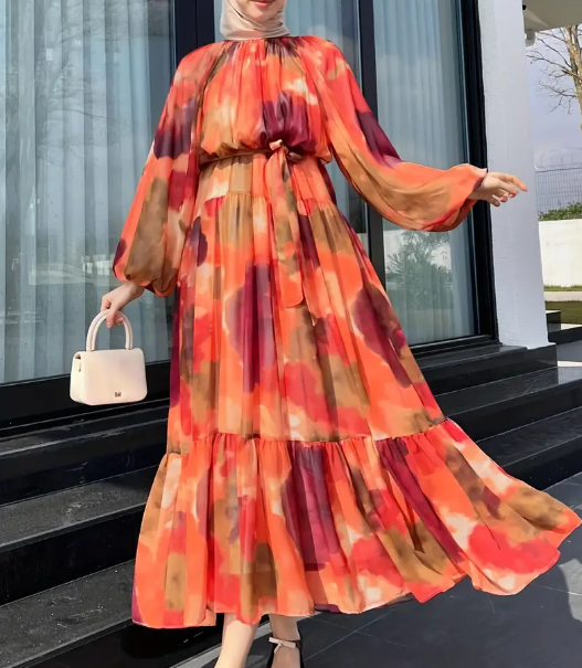 Maxikleid mit Blumenmuster und langen Ärmeln, elegantes Maxikleid mit Rüschenbesatz und Gürtel, Damenbekleidung