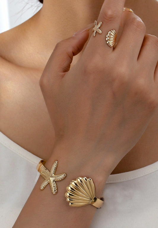 1 Set Sommers Ferien Seestern Muschel Manschette Armreif Offener Ring Set für Frauen
