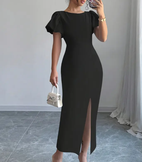Damens Elegantes Bodycon-Kleid mit Seitenschlitz - Sexy Rundhalsausschnitt, Kurzarm