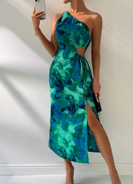 Stilvolles Ein-Schulter Blumenmuster Midi-Kleid mit Seitenschlitz & Bindungsdetail