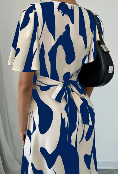 Damens Elegantes Kleid mit asymmetrischem geometrischen Muster und Puffärmeln & Taillenbindung - A-Linien Langkleid für Urlaub