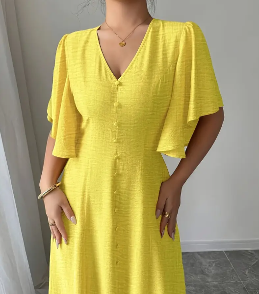 Elegantes V-Ausschnitt A-Line Midi-Kleid für Damen mit Knopf-Details und Puffärmeln