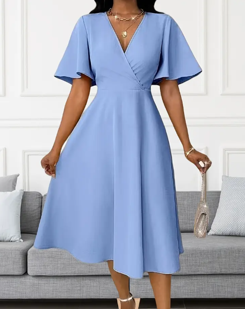 Damens Elegantes V-Ausschnitt Langarm A-Linien Kleid - Unifarben, Atmungsaktiv