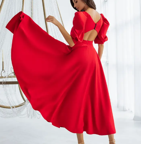 Elegantes rotes Off-Shoulder-Midi-Kleid mit Blasenärmeln - Schicker Peplum-Stil, lange Ärmel, Rundhalsausschnitt