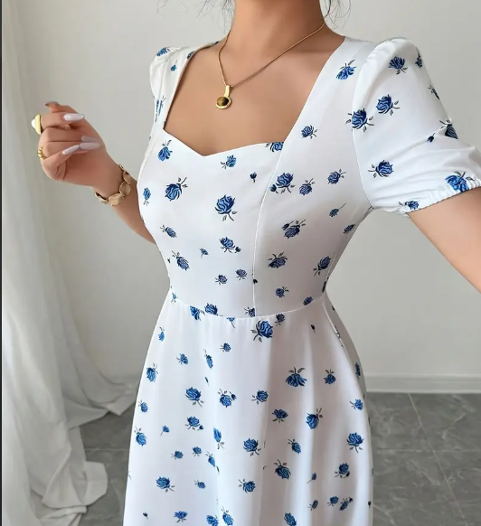 Sexy Damenkleid mit Geometrischem Muster - Blau & Weiß, Kurzarm Spaghettiträger
