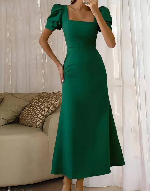 Elegantes, emeraldgrünes, quadratisches Kleid mit Bodycon-Schnitt und puffernden Ärmeln