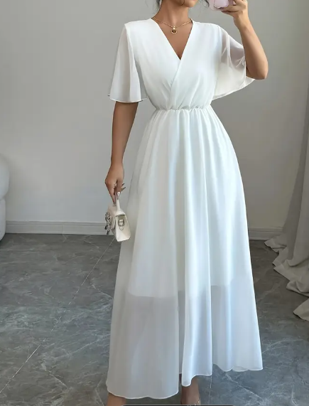 Leichtes Chiffon-Kleid für Damen mit V-Ausschnitt - Schlichte elegante Casual