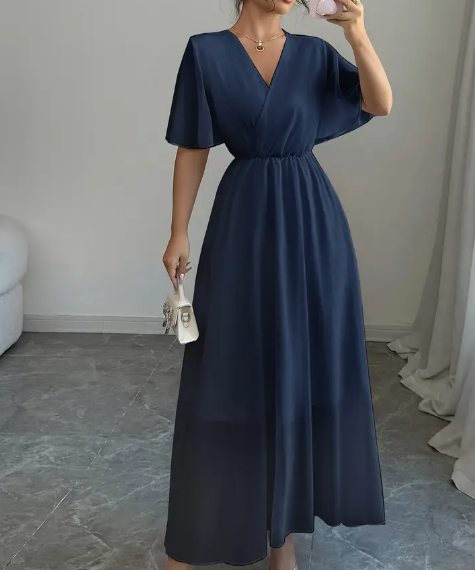 Leichtes Chiffon-Kleid für Damen mit V-Ausschnitt - Schlichte elegante Casual