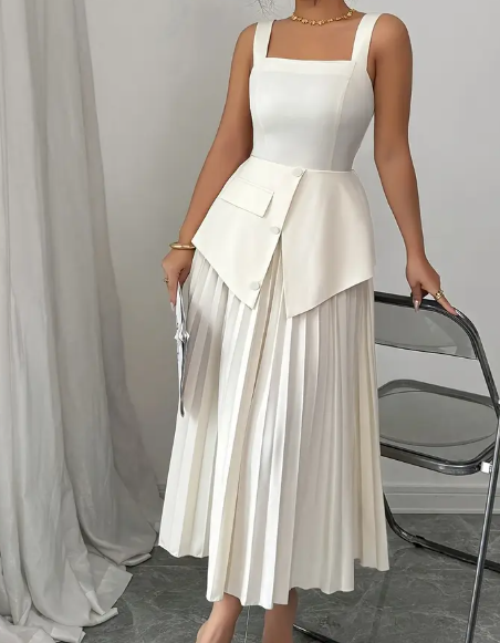 Elegantes Damen-Set mit offener Schulter, quadratischem Ausschnitt und gerüschter Midi-Rockhose mit Knopf-Details - Ärmellos