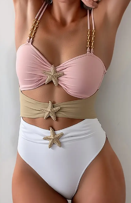Sexy Einteiliger Badeanzug mit Ausschnitten für Damen - Rosa-Weißes Zweifarbiges Design mit goldenen Kettenriemen und Seestern-Details