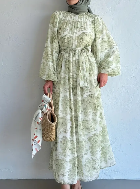 Elegantes Langarm-Maxikleid für Damen mit Blumendruck und Gürtel