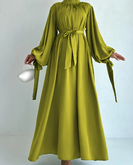 Elegante, grüne Langkleid mit Gürtel für Damen - Einfarbig, All-Season-Outfit