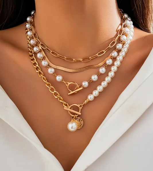 4er-Set Elegante Perlen- & Goldene-Schlangenkette Halsketten für Damen