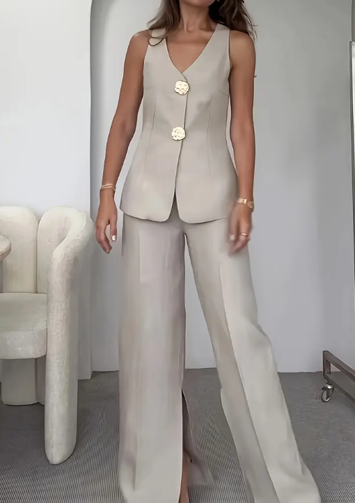 Damen Ärmellose Beige Blazer & Weite Bein Hose Set