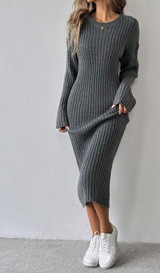 Einfarbig lang Arm Rundhals anliegendes lässiges Sweaterkleid