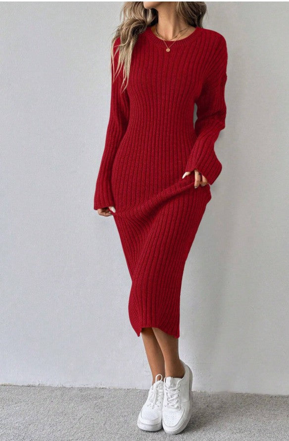 Einfarbig lang Arm Rundhals anliegendes lässiges Sweaterkleid