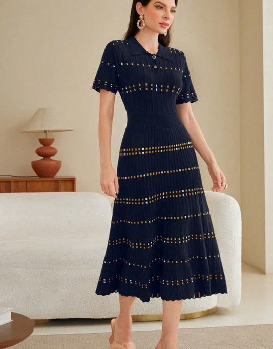 Pulloverkleid mit Geo Muster, Polo Kragen