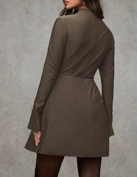 Damen einfarbiges Kleid mit Stehkragen, Langarm, elegant