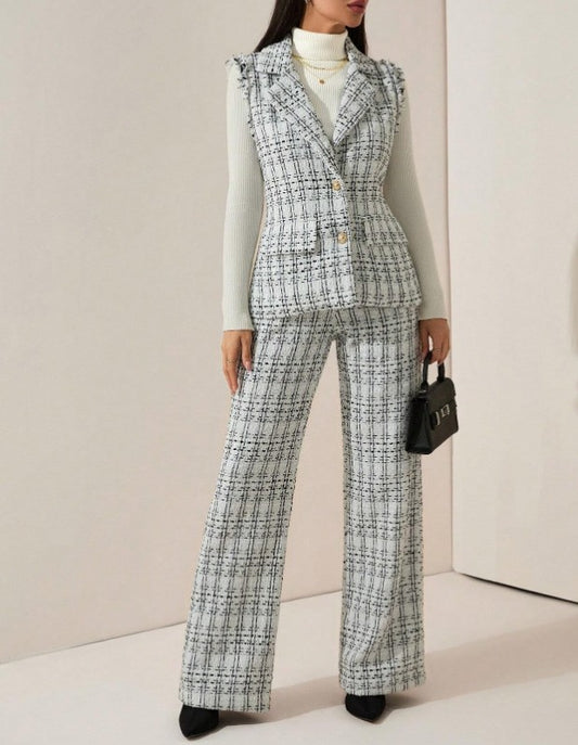 Elegantes kariertes Tweed-Weste & Hose 2 Stücke Set