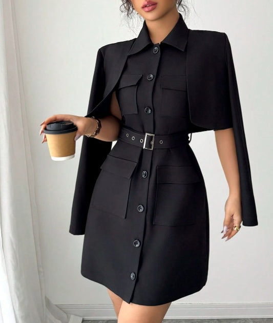 Elenzga 2 Stücke/Set Damen Offene Front Langarm Kurze Jacke und Ärmellos Einreihiges Hemdkleid