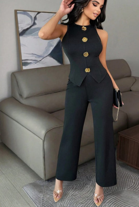 Elegantes Business Lässig Damen Outfit, Metall Knopf Dekor Damen ärmellose hochdehnbare figurbetonte sexy